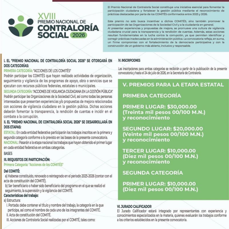 Premio Nacional de Contraloría Social en su etapa estatal.